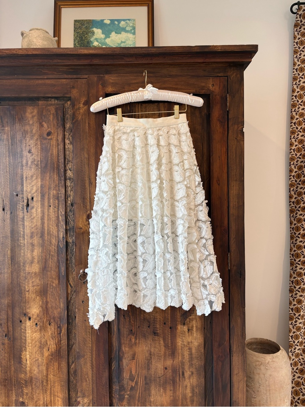 Maje White Floral Embroidered Midi Skirt